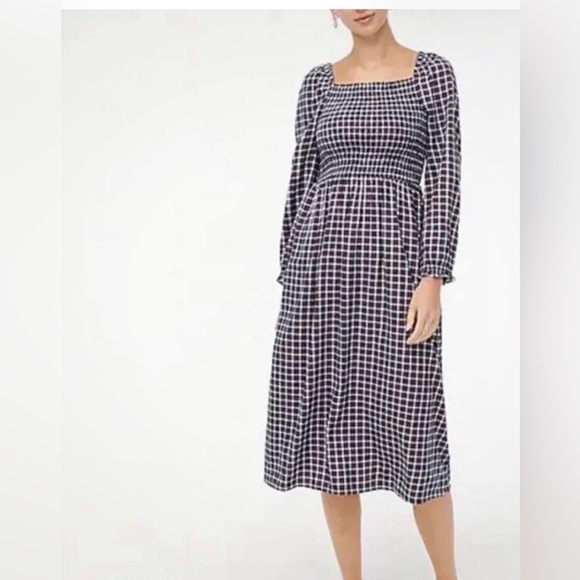 J. Crew Dresses & Skirts - J Crew Womens Dress Plaid Flannel Cottage Puff Sleeve Smocked Midi Navy Size L